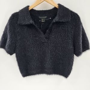 House of Harlow 1960 Black Short Sleeve Cropped Shaggy Top Womens Size Large